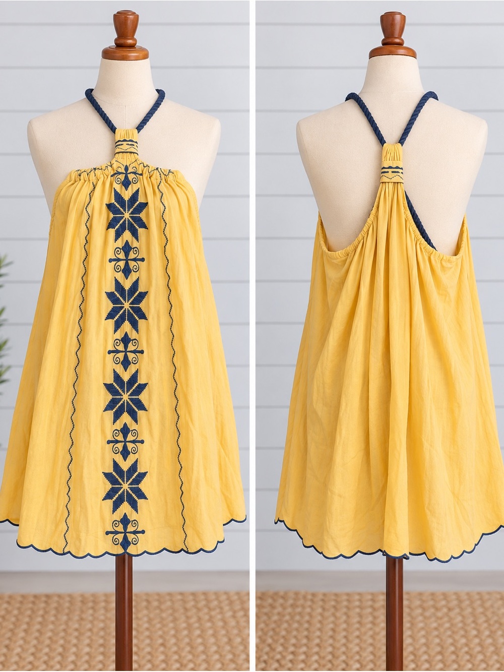 Instyle Yellow Mini Dress with Blue Embroidered Center Panel